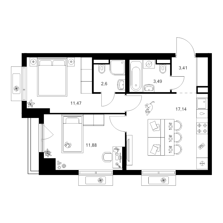 3 ккв (Евро) 50 м²