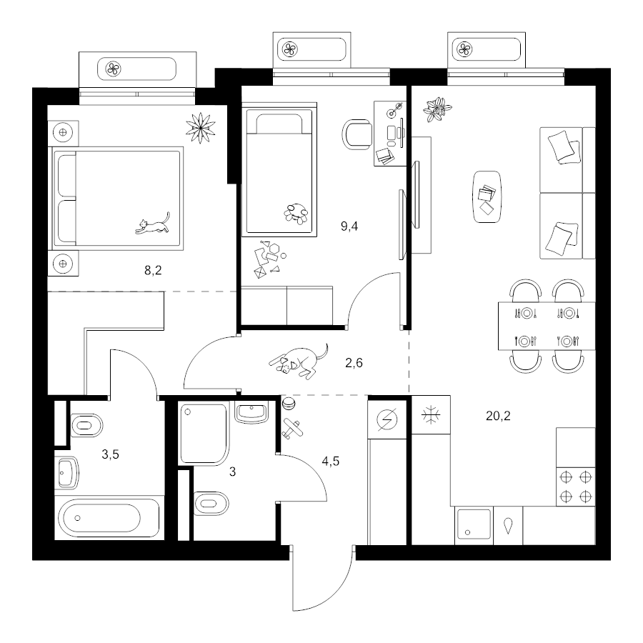 3 ккв (Евро) 56,1 м²