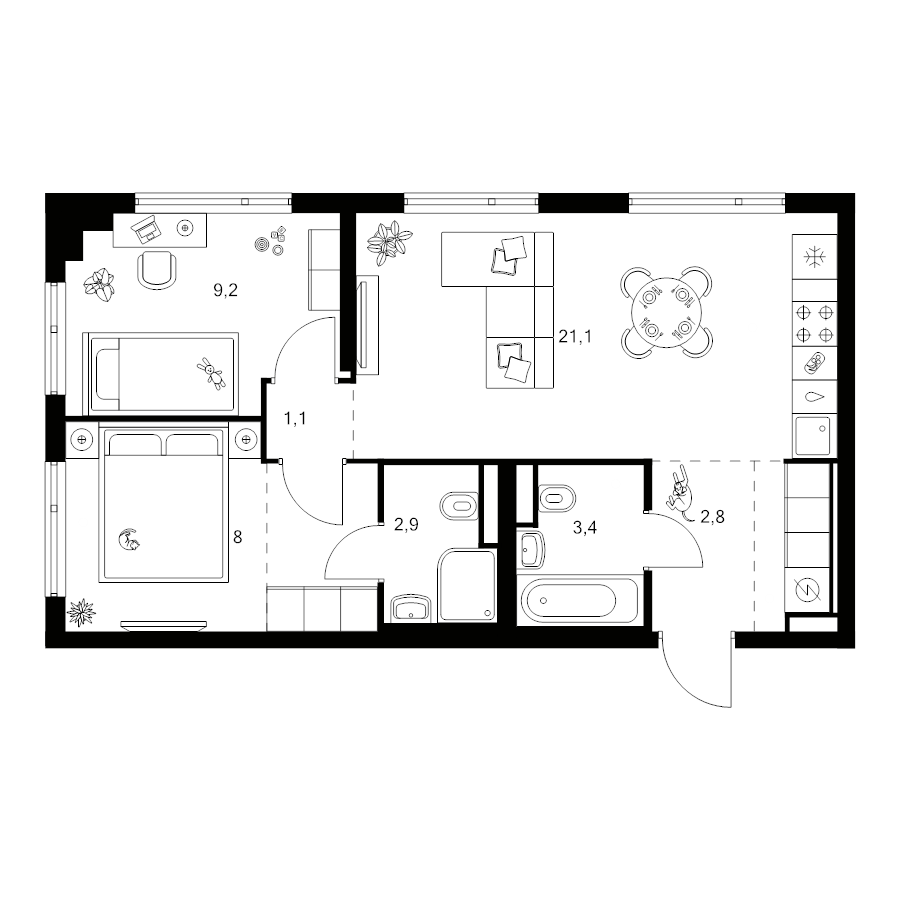 3 ккв (Евро) 53,7 м²