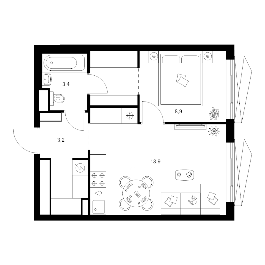 2 ккв (Евро) 41,8 м²