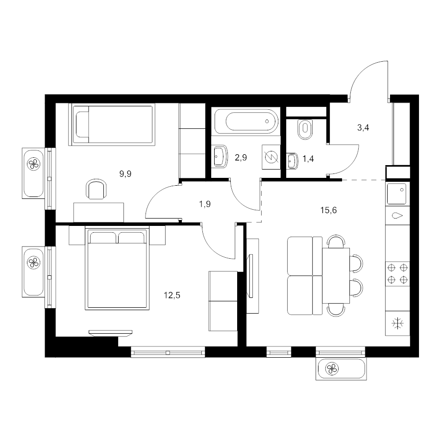 3 ккв (Евро) 47,6 м²