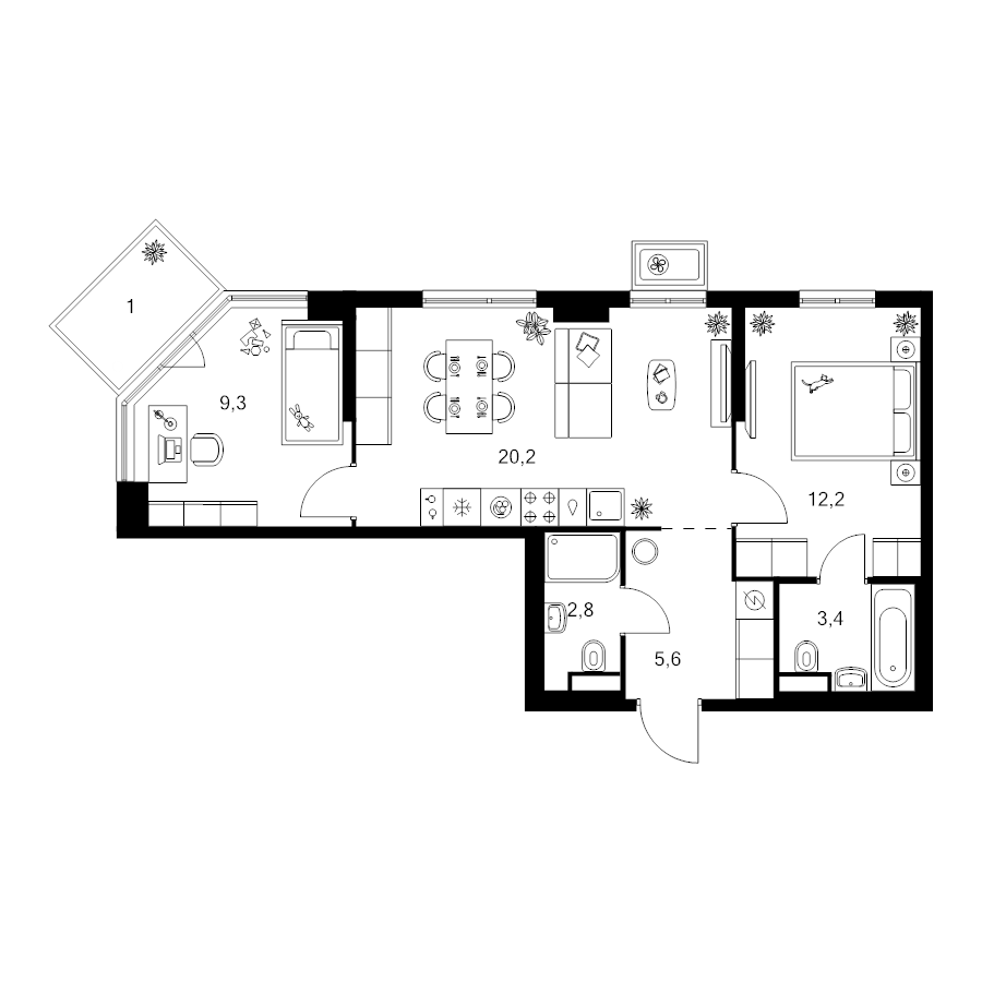 3 ккв (Евро) 54,5 м²
