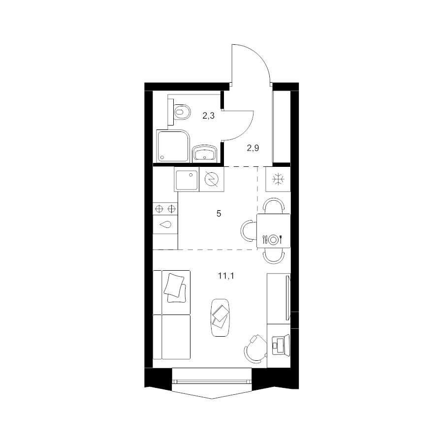 Студия 21,3 м²