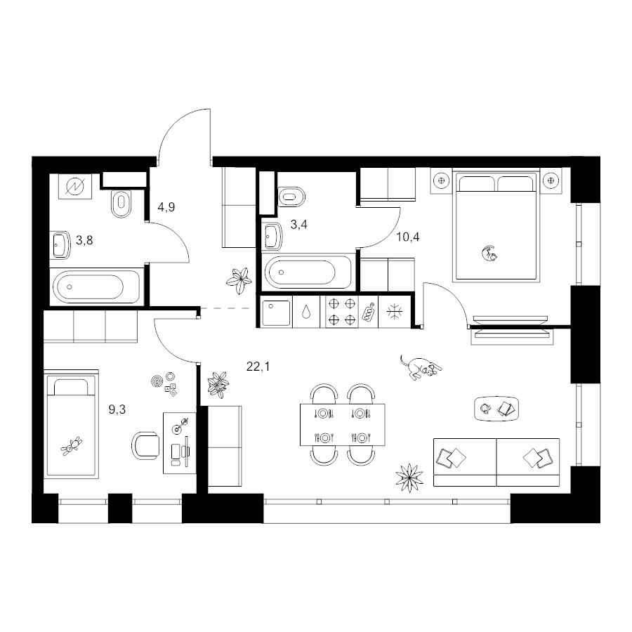3 ккв (Евро) 53,9 м²
