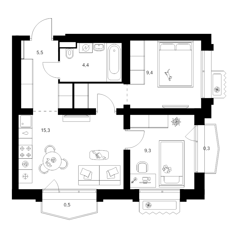 3 ккв (Евро) 47,1 м²