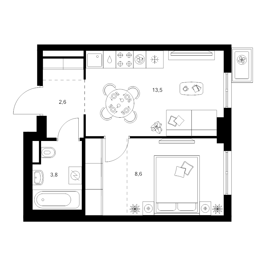 1 ккв 33,8 м²