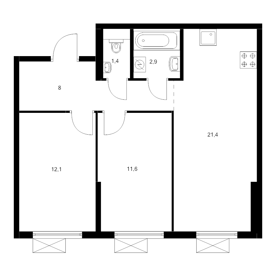 3 ккв (Евро) 56,4 м²