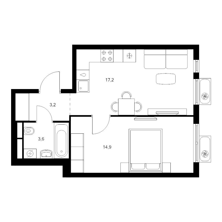 2 ккв (Евро) 38,9 м²