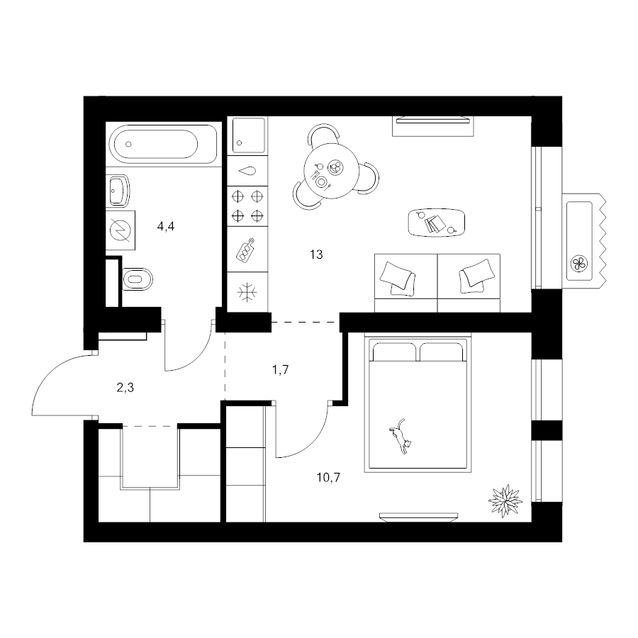 1 ккв 34,6 м²