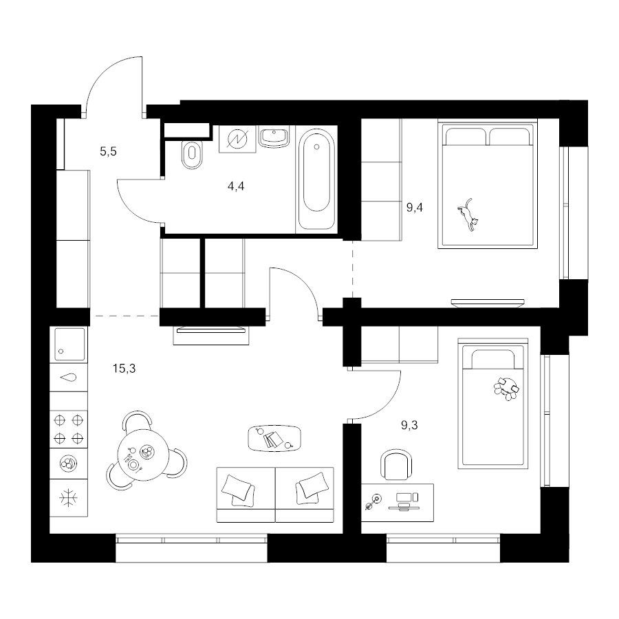 3 ккв (Евро) 46,3 м²