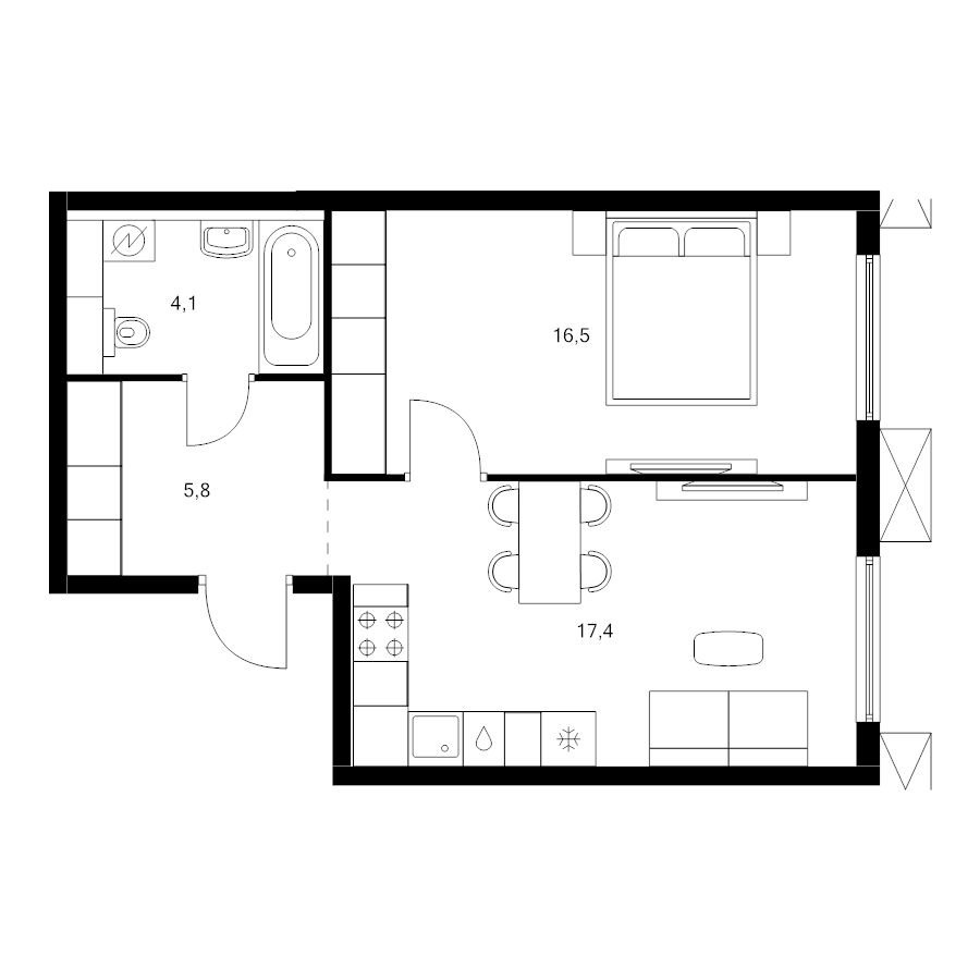 2 ккв (Евро) 43,8 м²