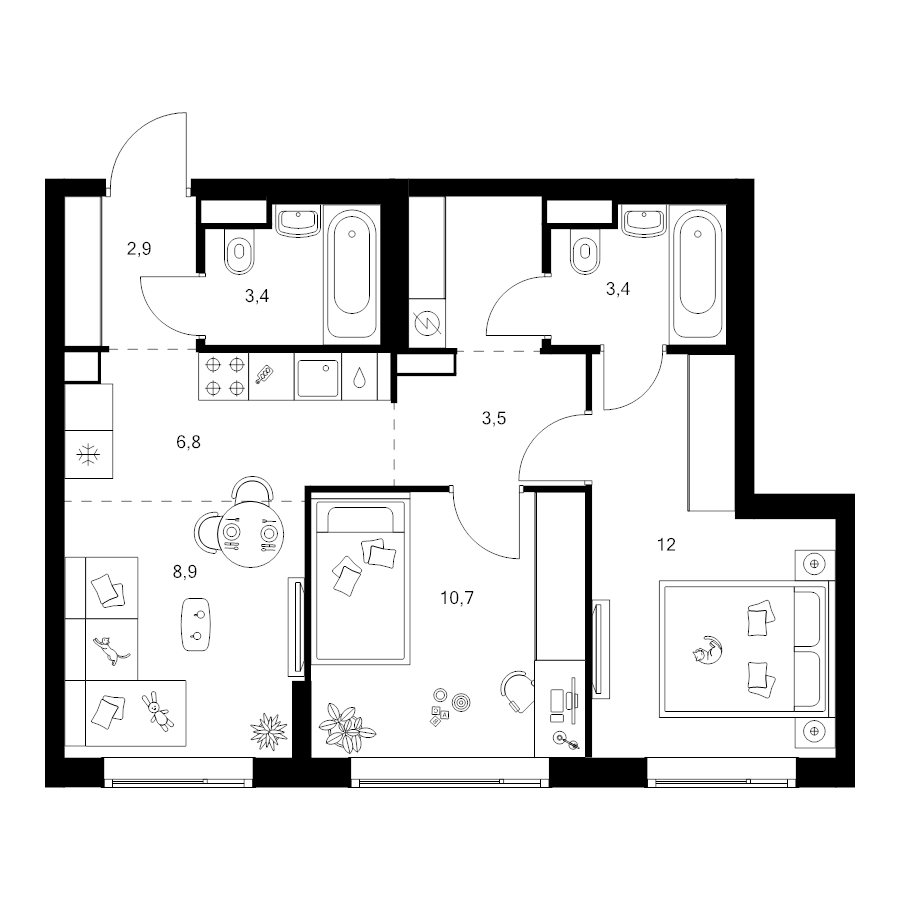 3 ккв (Евро) 54,6 м²