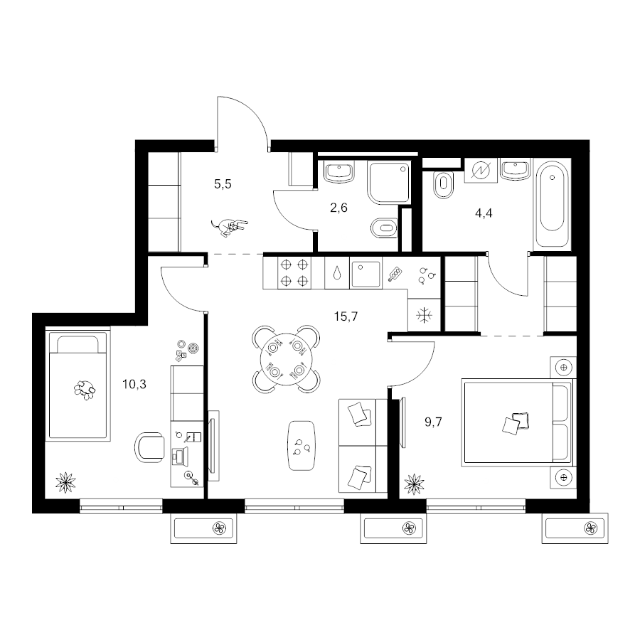 3 ккв (Евро) 51,6 м²