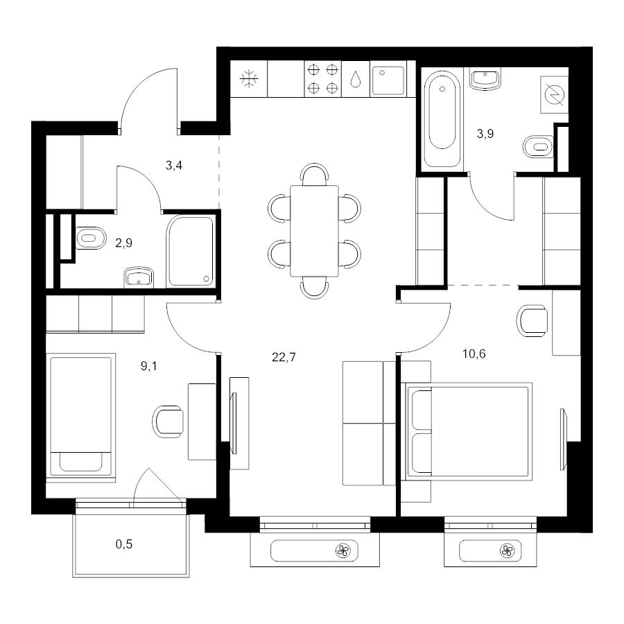 3 ккв (Евро) 56,9 м²