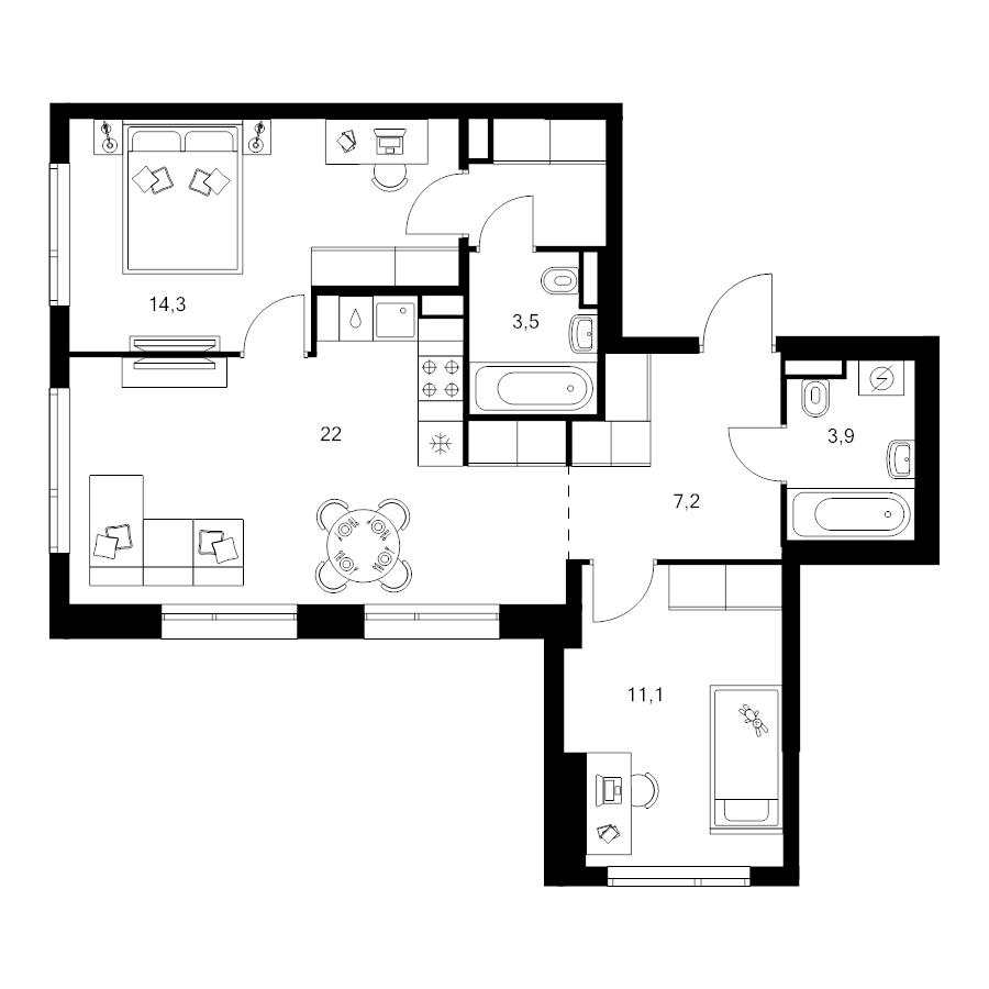 3 ккв (Евро) 64,9 м²