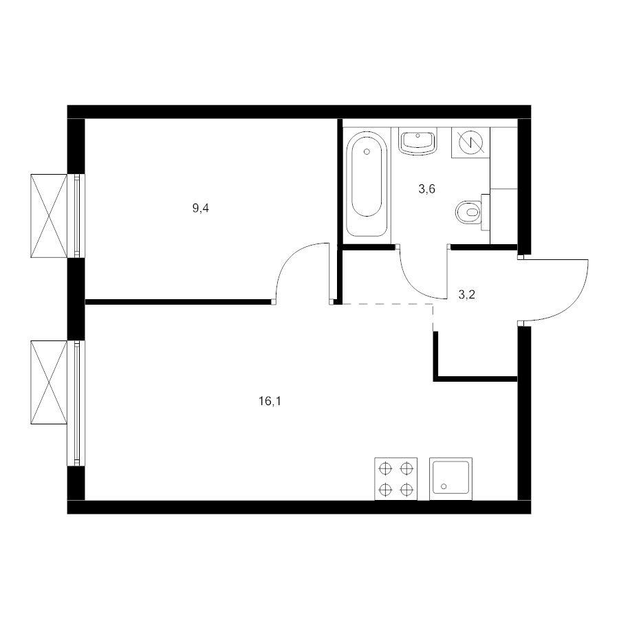 2 ккв (Евро) 32 м²