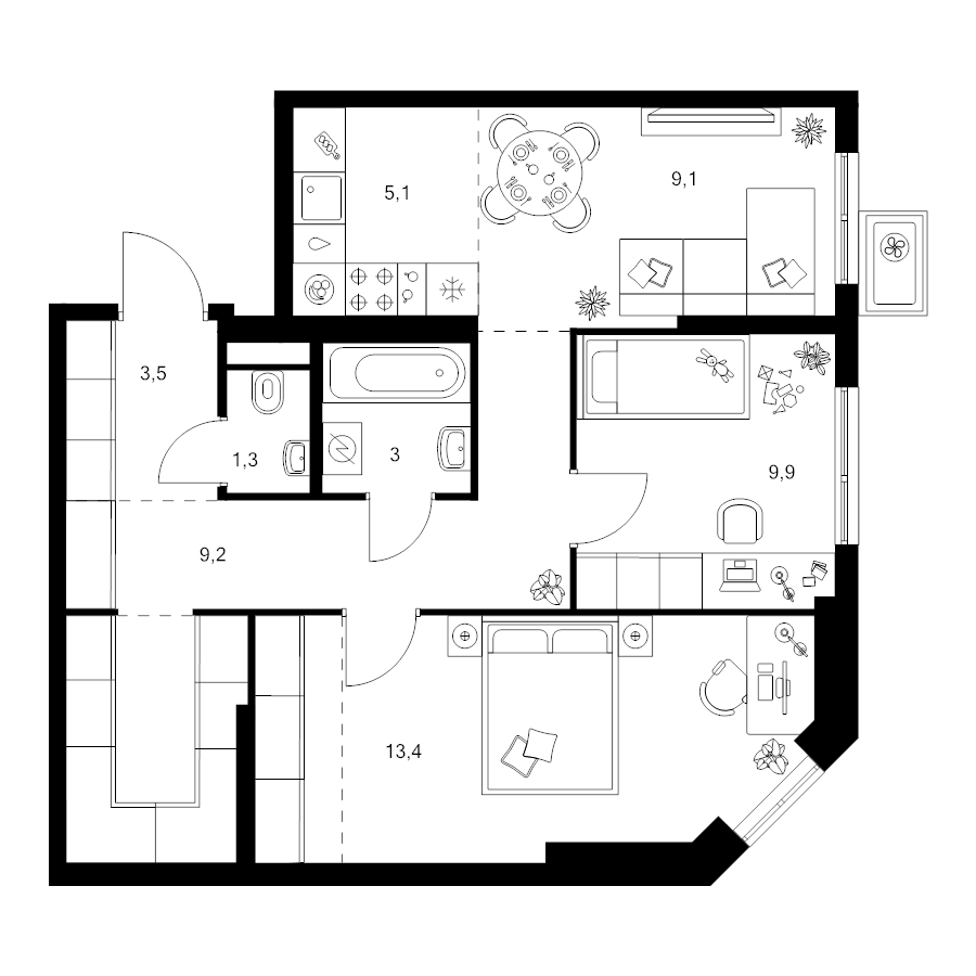 3 ккв (Евро) 62,8 м²