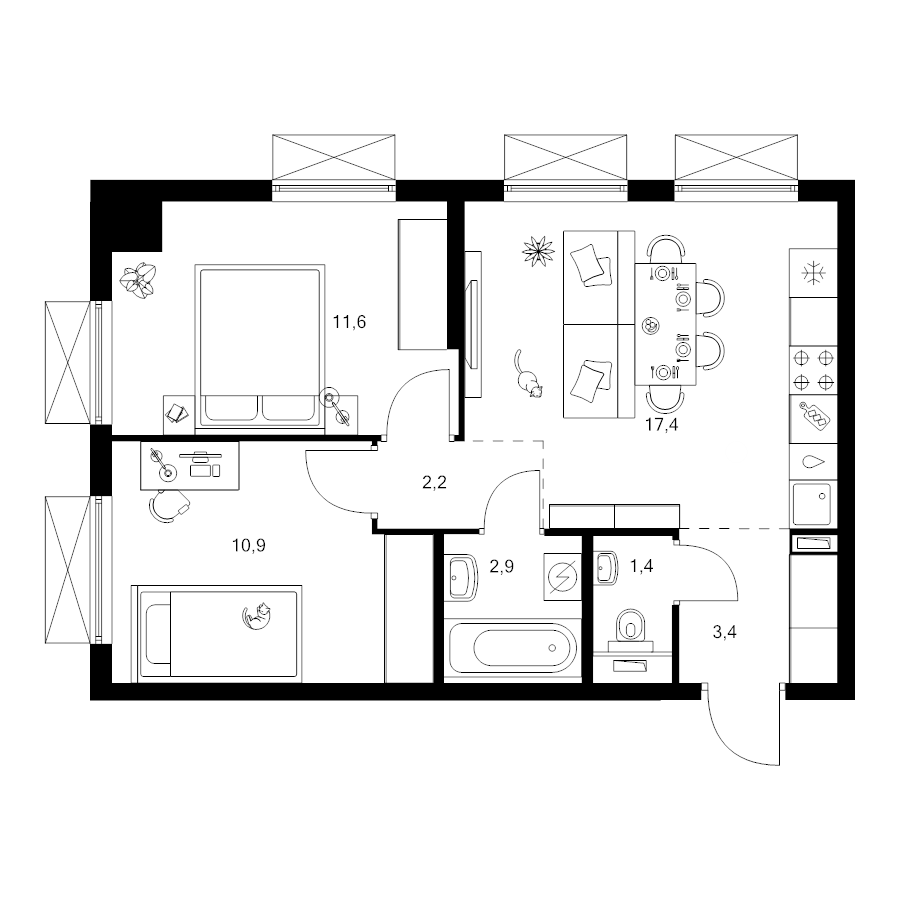 3 ккв (Евро) 49,8 м²