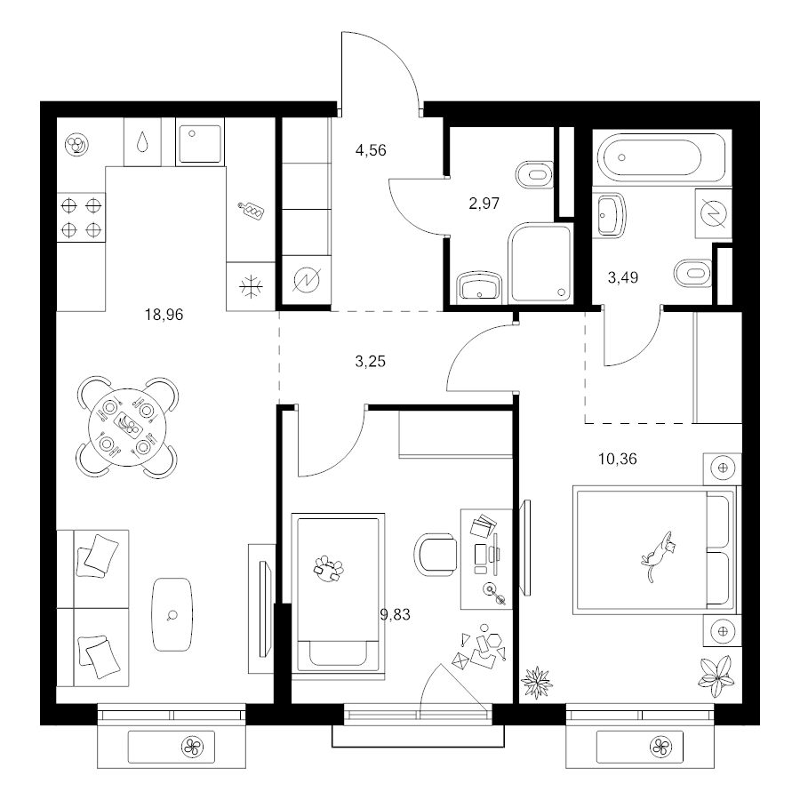 3 ккв (Евро) 56 м²