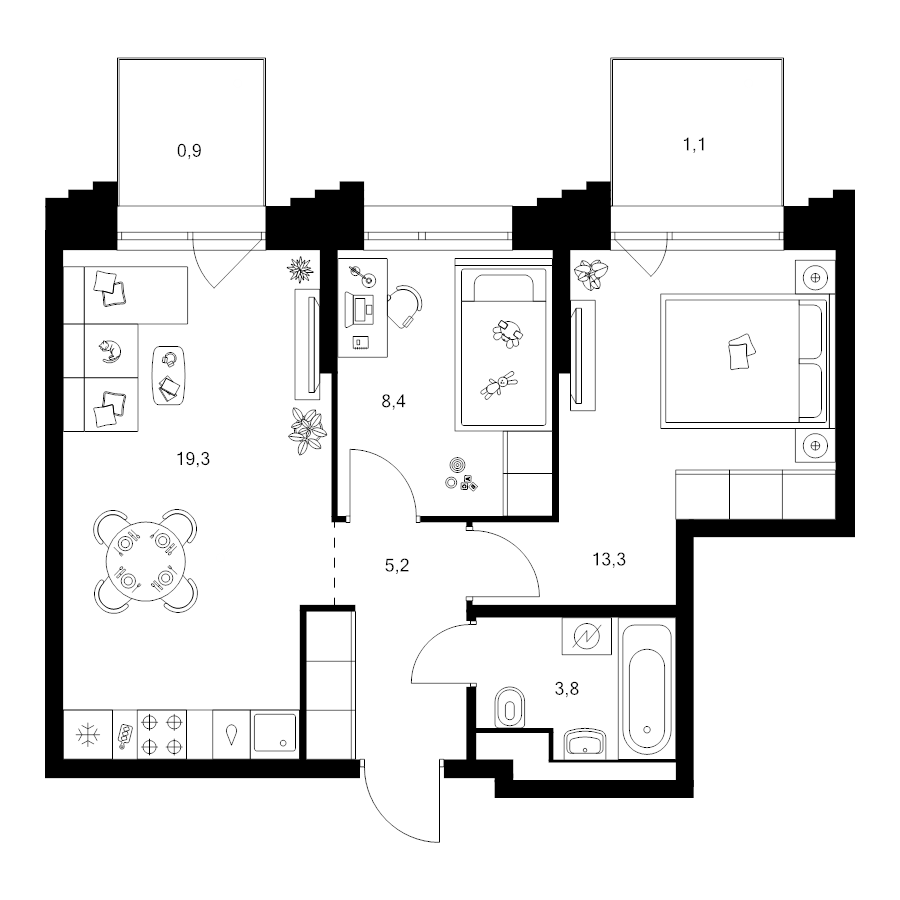 3 ккв (Евро) 52 м²