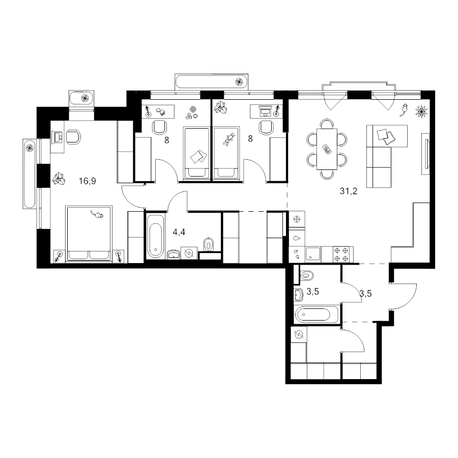 4 ккв (Евро) 91,3 м²