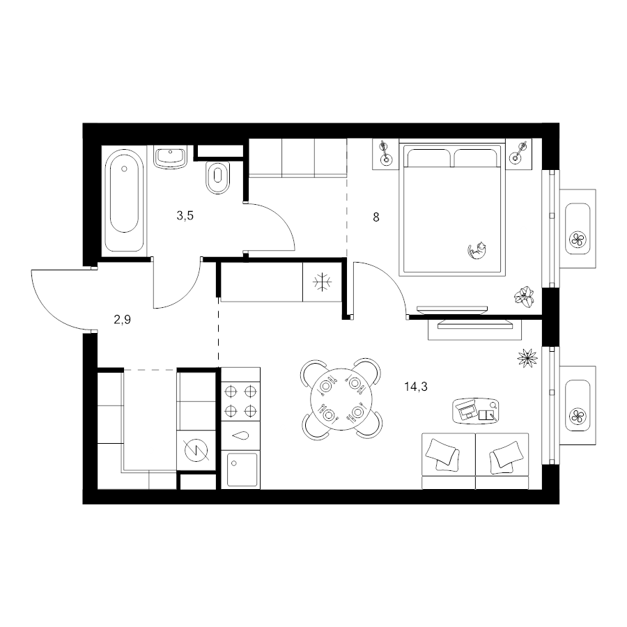 1 ккв 34,5 м²