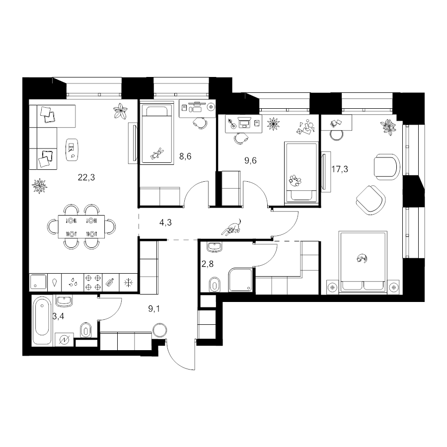 4 ккв (Евро) 81 м²