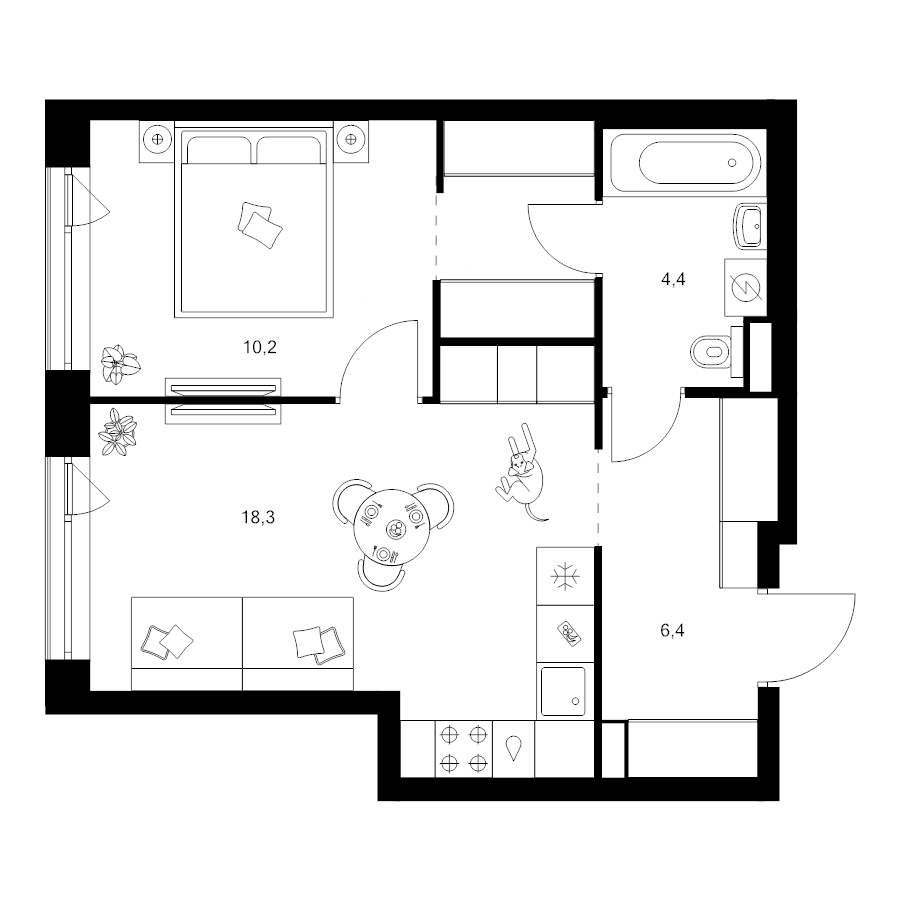 2 ккв (Евро) 42,9 м²