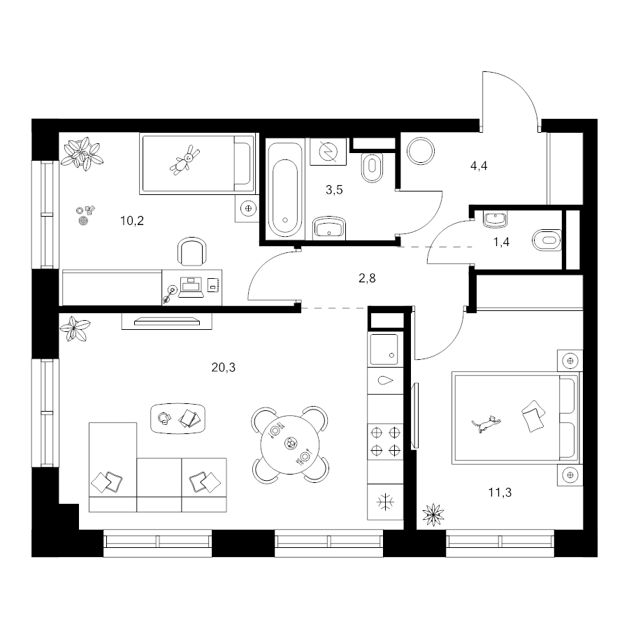 3 ккв (Евро) 53,9 м²