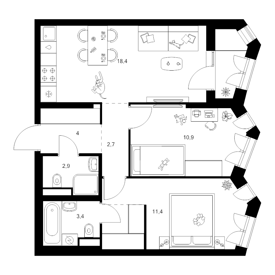 3 ккв (Евро) 57,3 м²