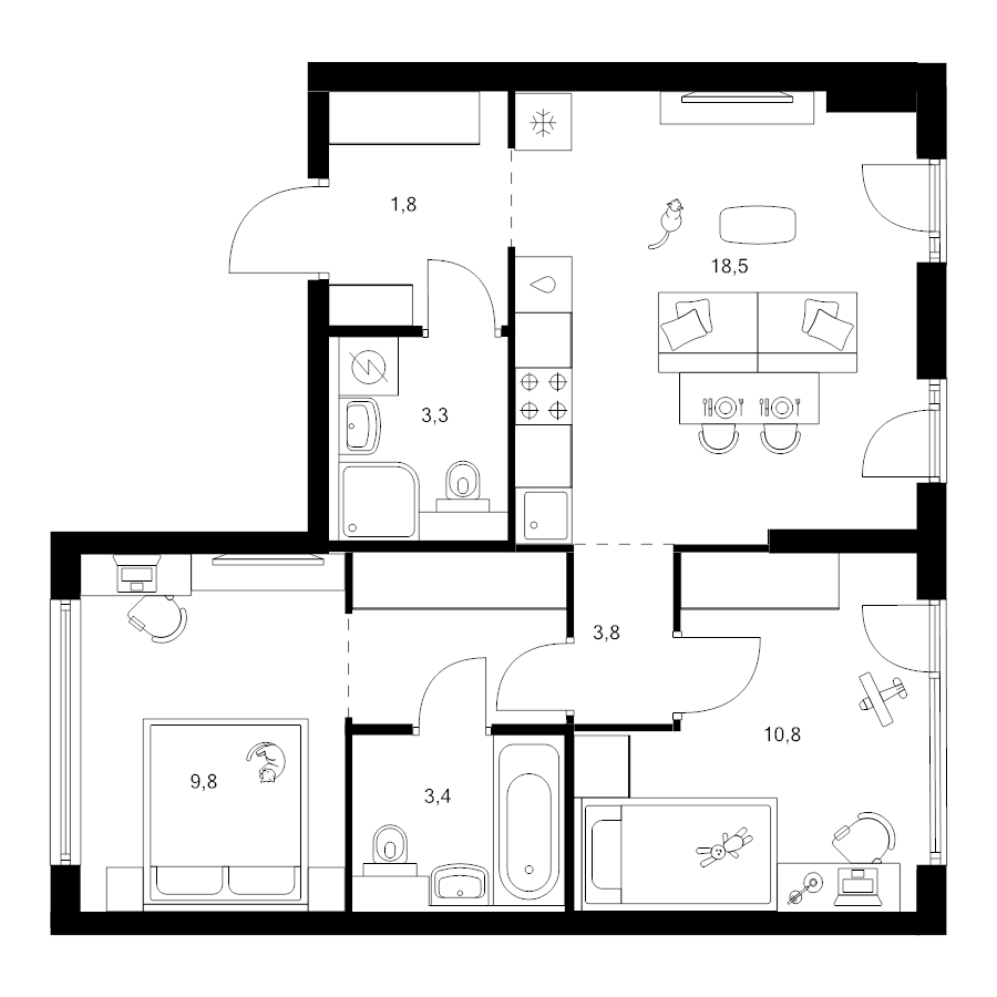 3 ккв (Евро) 55,7 м²
