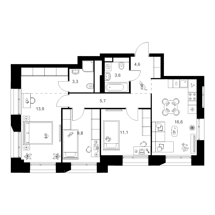4 ккв (Евро) 74,7 м²