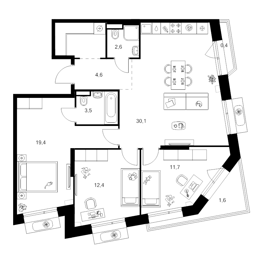 4 ккв (Евро) 90,9 м²