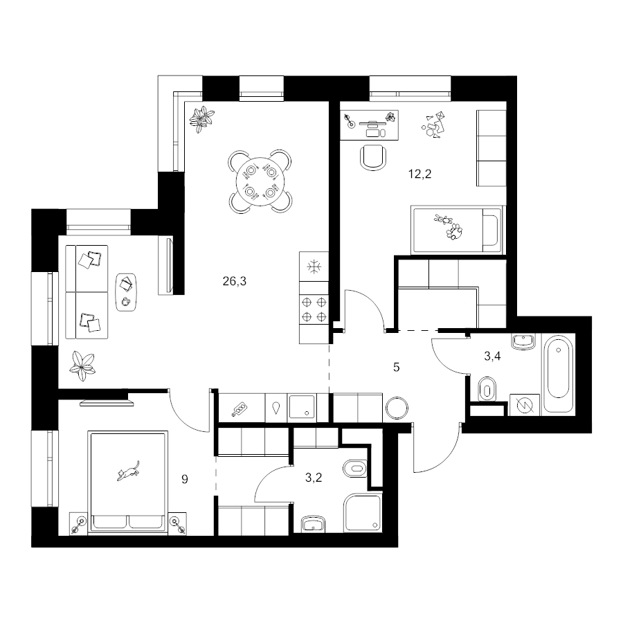 3 ккв (Евро) 65,4 м²