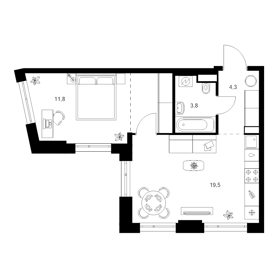 2 ккв (Евро) 43,8 м²