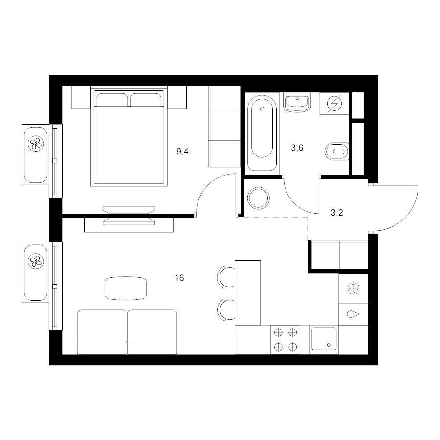 2 ккв (Евро) 32,2 м²