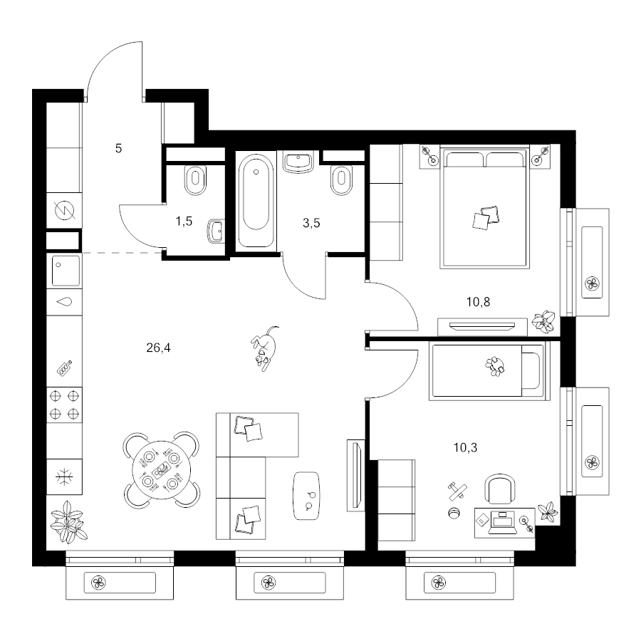 3 ккв (Евро) 57,5 м²