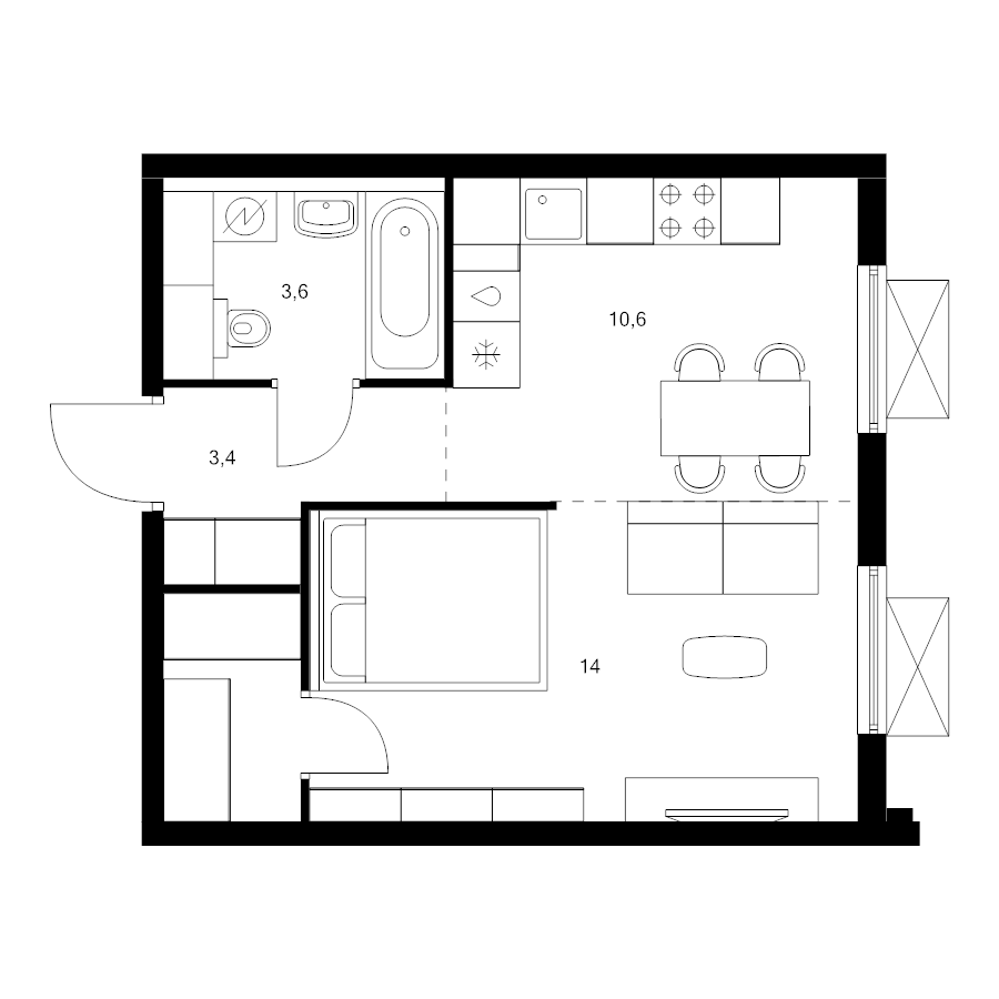 Студия 34,1 м²