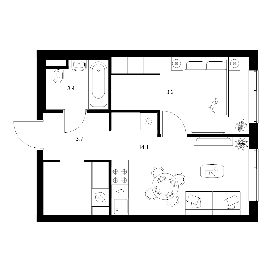 1 ккв 36,5 м²