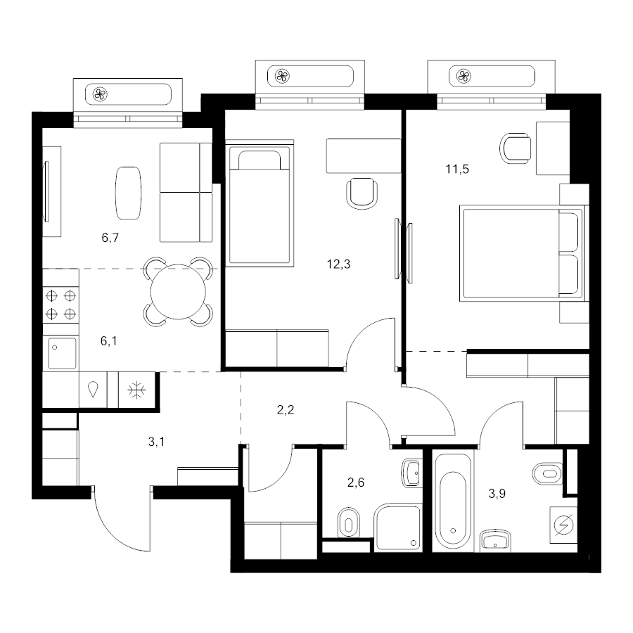 2 ккв 57,5 м²
