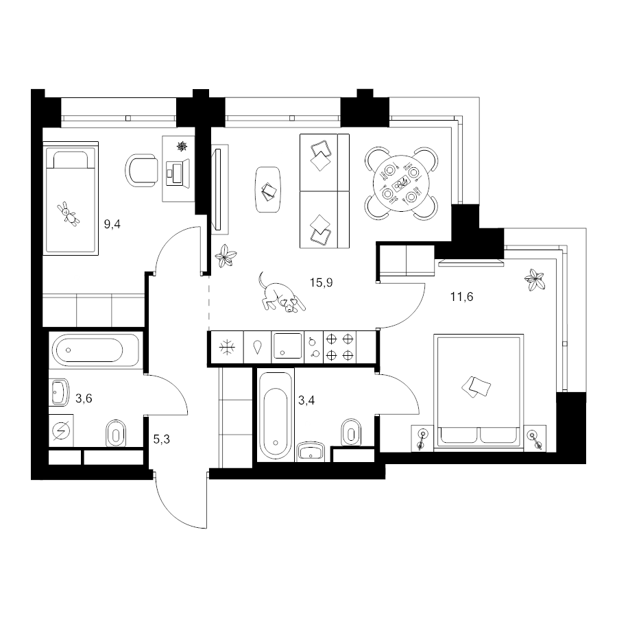 3 ккв (Евро) 49,3 м²