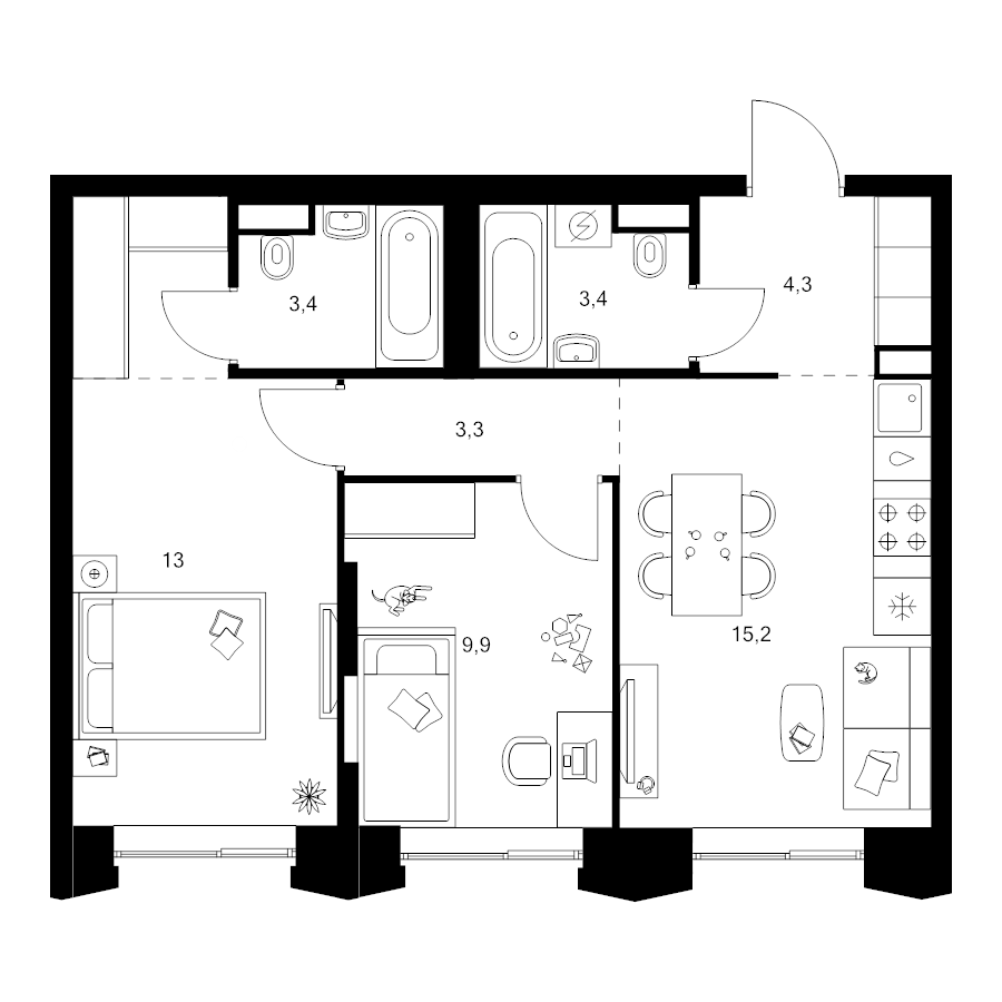 3 ккв (Евро) 55,7 м²