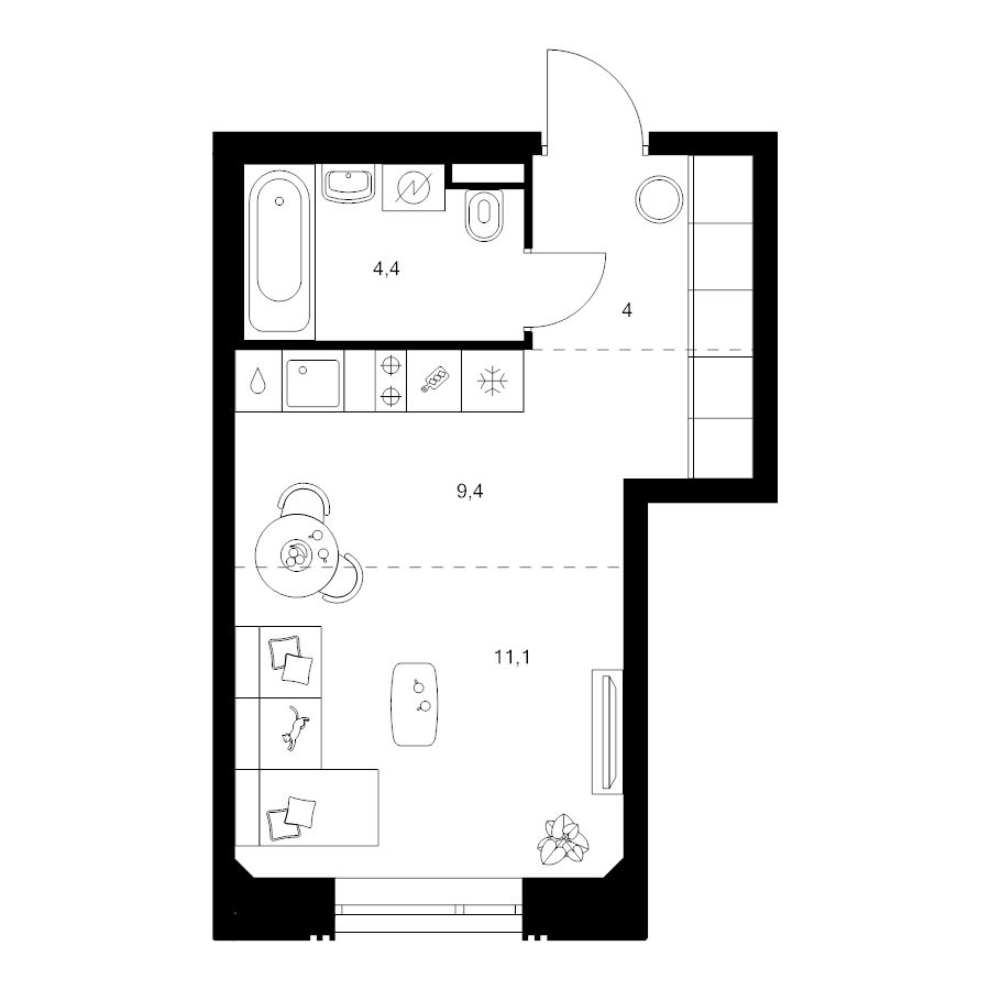 Студия 28,9 м²