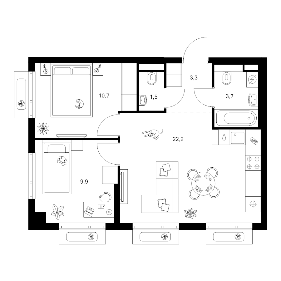3 ккв (Евро) 51,3 м²