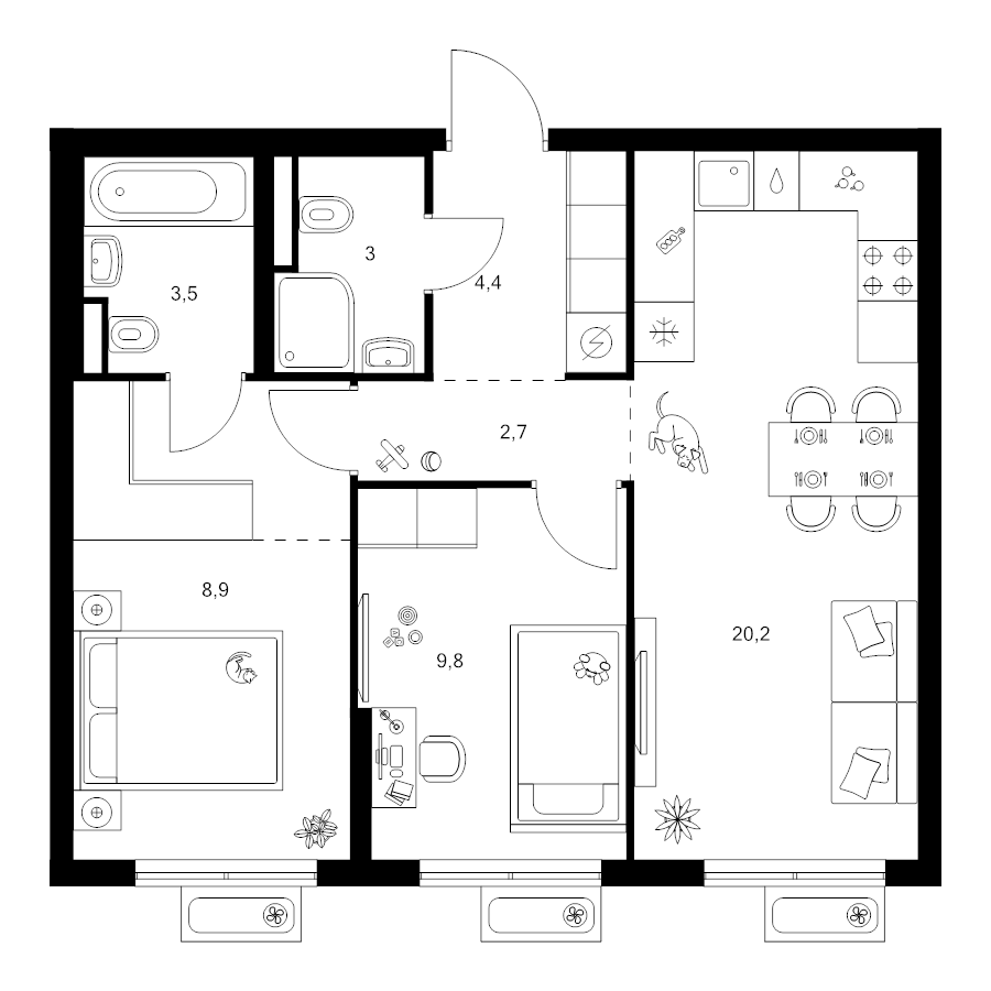 3 ккв (Евро) 56,9 м²