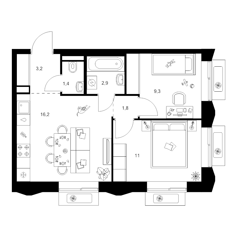 3 ккв (Евро) 45,8 м²