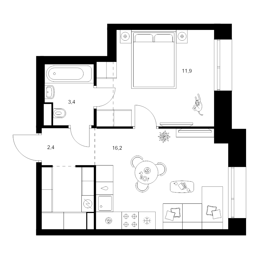2 ккв (Евро) 39 м²