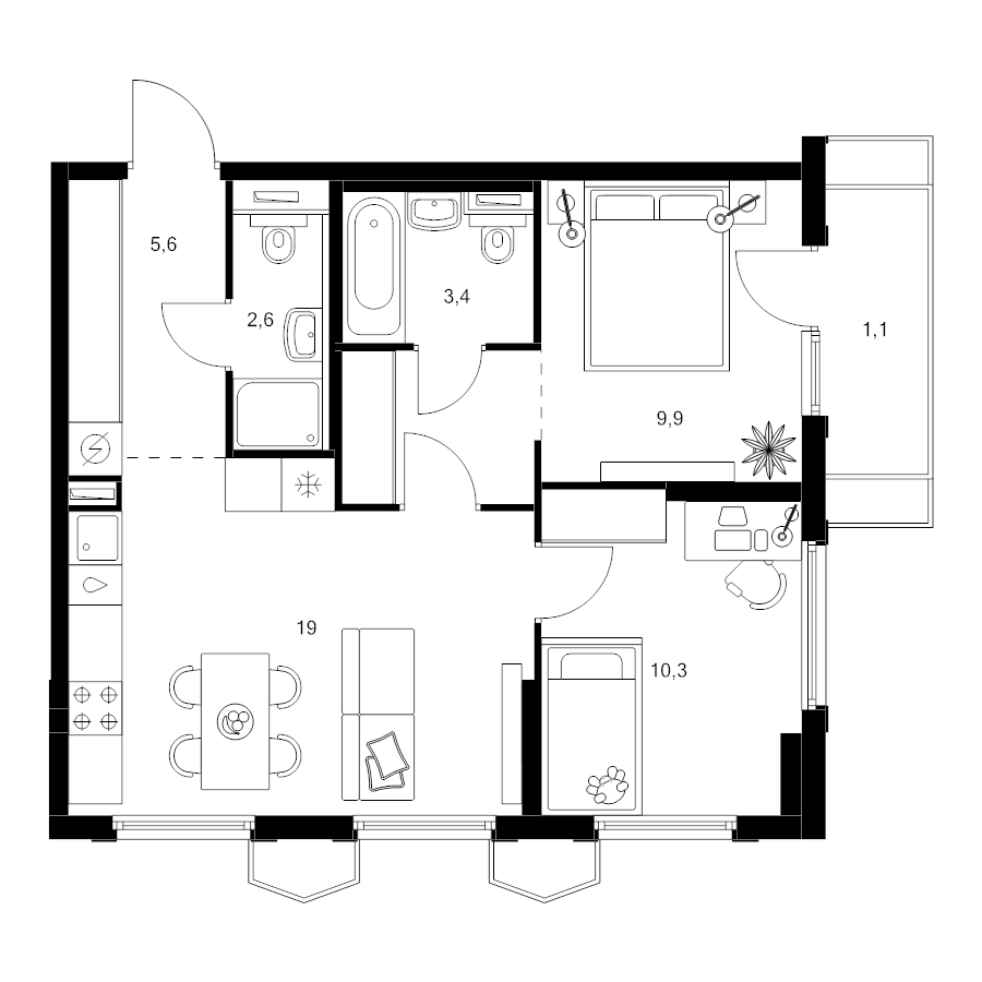 3 ккв (Евро) 55,6 м²