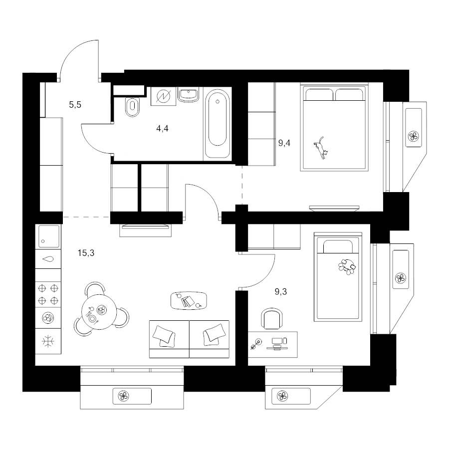 3 ккв (Евро) 46,3 м²