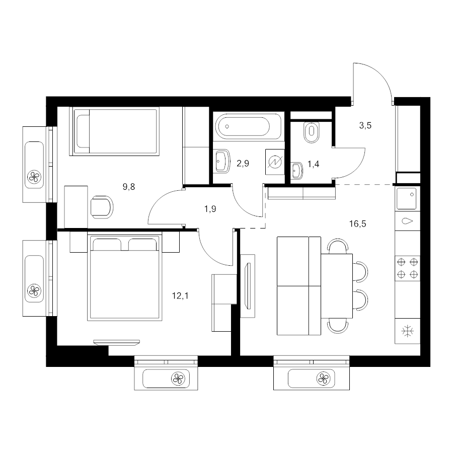 3 ккв (Евро) 48,1 м²